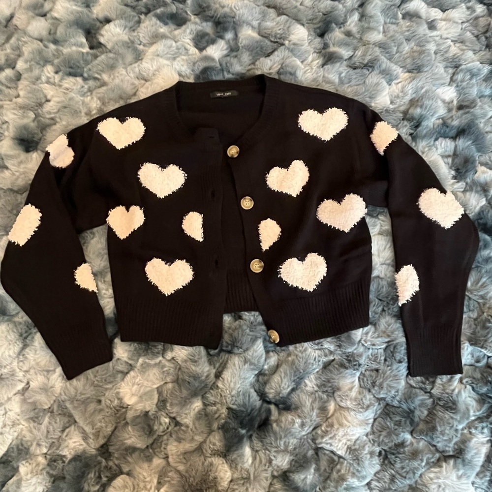 Cute knit button down, hearts, can be worn as cardigan or top, scoop neck.
